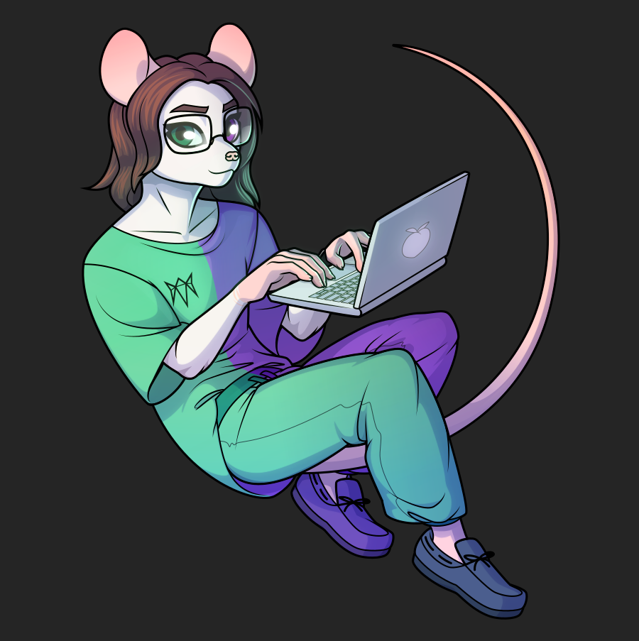An illustration of a white mouse with wavy brown hair wearing a loose-fitting green and purple tee and green and purple sweats, with moccasin-style shoes in the same colors. He floats in a relaxed seated pose, looking at the viewer with his hands on a floating laptop. His long mouse tail curves in an arc to form a circle shape with his body.