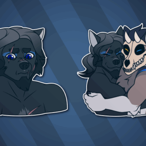 Telegram stickers of a scarred and grizzled anthro wolf. In them, he looks perturbed with wide eyes and a horrified expression; and shares a hug with another character, a mutant anthro with a skull face and dragon wings.