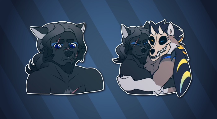 Telegram stickers of a scarred and grizzled anthro wolf. In them, he looks perturbed with wide eyes and a horrified expression; and shares a hug with another character, a mutant anthro with a skull face and dragon wings.