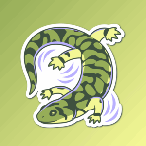 An abstract flat color illustration of a tiger salamander, with a color scheme of greens and periwinkle
