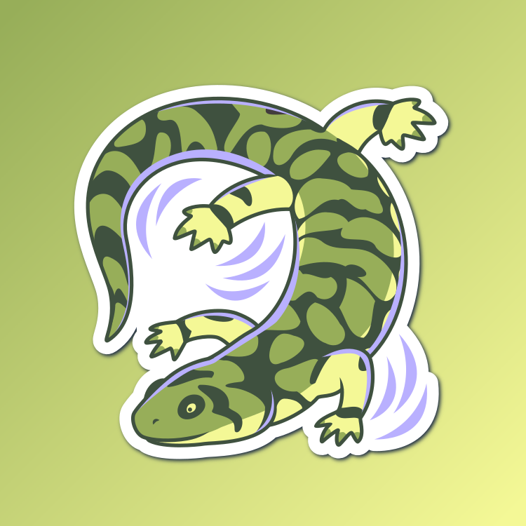 An abstract flat color illustration of a tiger salamander, with a color scheme of greens and periwinkle