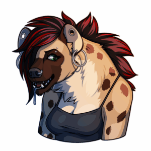 A portrait of an anthro spotted hyena girl with an underbite and slightly monstrous build. Her mane is black with red streaks, she has multiple piercings in her ears, nose, and eyebrows, and wears a dark camisole top. She smiles, drooling slightly.