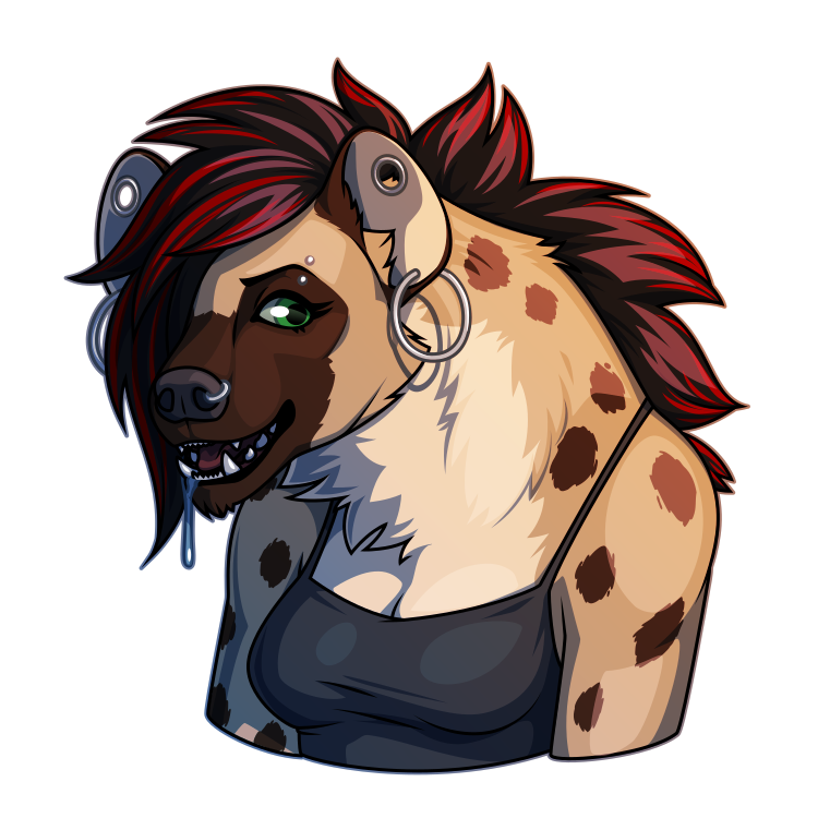 A portrait of an anthro spotted hyena girl with an underbite and slightly monstrous build. Her mane is black with red streaks, she has multiple piercings in her ears, nose, and eyebrows, and wears a dark camisole top. She smiles, drooling slightly.