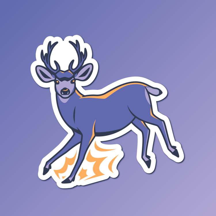 An abstract flat color illustration of a mule deer, with a color scheme of blue-purple and light orange