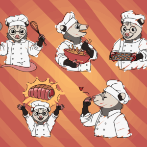 Stickers of a opossum wearing glasses and dressed as a chef, in an exceptionally scribbly style. They confidently hold up a ladle and whisk; aggressively mix some food in a bowl; grin suspiciously while holding a pan of fresh cookies; triumphantly hold a massive chunk of meat above their head; and give a little chef's kiss.
