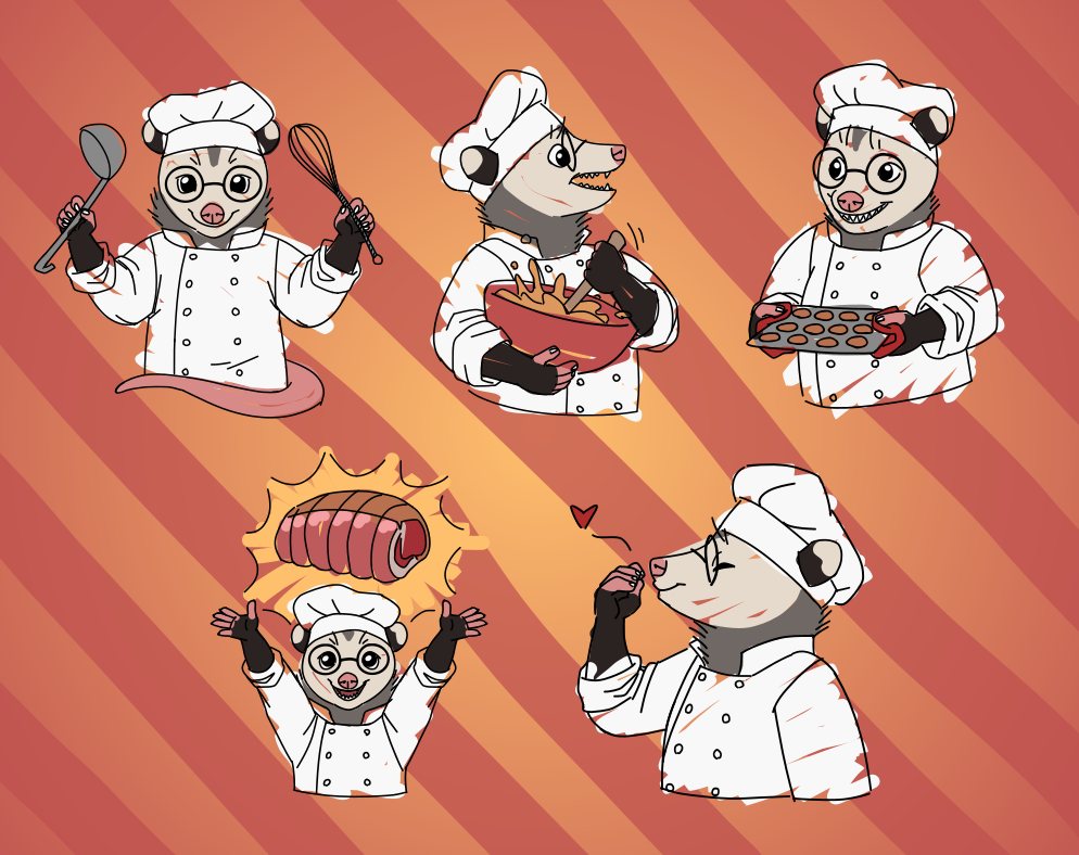 Stickers of a opossum wearing glasses and dressed as a chef, in an exceptionally scribbly style. They confidently hold up a ladle and whisk; aggressively mix some food in a bowl; grin suspiciously while holding a pan of fresh cookies; triumphantly hold a massive chunk of meat above their head; and give a little chef's kiss.