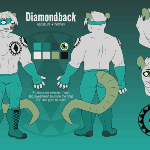 A ref sheet of a opossum wrestler named Diamondback. He uses he or they pronouns, stands at 5 feet and 7 inches, is very muscular, and plays the role of a heel. They're a big sweetheart outside of the ring. They have white fur and green skin, and wear blue-green fingerless gloves, tight pants, boots, and a mask over their eyes. On his chest and shoulders are three tattoos, all of the same diamond shape encircled in small triangles. His nose and ears are pierced.