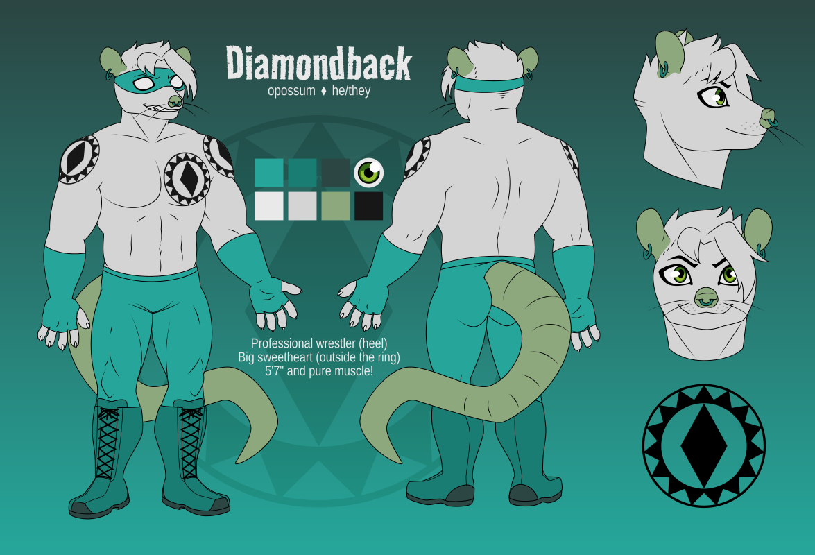 A ref sheet of a opossum wrestler named Diamondback. He uses he or they pronouns, stands at 5 feet and 7 inches, is very muscular, and plays the role of a heel. They're a big sweetheart outside of the ring.

They have white fur and green skin, and wear blue-green fingerless gloves, tight pants, boots, and a mask over their eyes. On his chest and shoulders are three tattoos, all of the same diamond shape encircled in small triangles. His nose and ears are pierced.