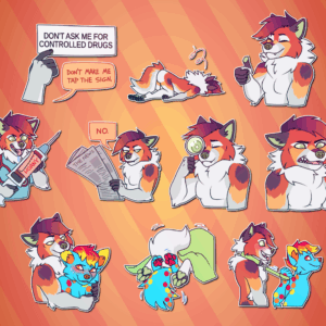 Telegram stickers of an anthro fox/wolf hybrid. In them, he points at a sign which says "don't ask me for controlled drugs" and says "don't make me tap the sign"; lays crumpled and disheveled on the floor; grins and gives a thumbs-up; looks deranged while holding a massive syringe labeled "anti-horny", as the "anti" half of the label peels off; flatly says "no" while reading a newspaper; peers through a magnifying glass; looks disgusted and frustrated; grabs another smaller folf friend and gently nibbles on his ear while he blushes; fools around with this friend under some sheets; and blushes wearing a collar and leash while the friend leads him away.
