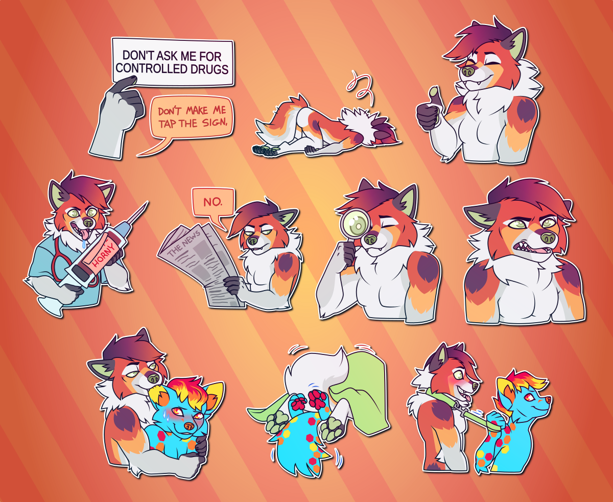 Telegram stickers of an anthro fox/wolf hybrid. In them, he points at a sign which says "don't ask me for controlled drugs" and says "don't make me tap the sign"; lays crumpled and disheveled on the floor; grins and gives a thumbs-up; looks deranged while holding a massive syringe labeled "anti-horny", as the "anti" half of the label peels off; flatly says "no" while reading a newspaper; peers through a magnifying glass; looks disgusted and frustrated; grabs another smaller folf friend and gently nibbles on his ear while he blushes; fools around with this friend under some sheets; and blushes wearing a collar and leash while the friend leads him away.
