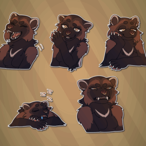 Telegram stickers of an anthro wolverine. In them, she laughs loudly, showing her sharp teeth; leans in and whispers to the viewer, as if sharing a secret with you; smiles dreamily, resting her head on one paw; snoozes with her head down on her paws; and makes a scrunge-like expression of disgust.