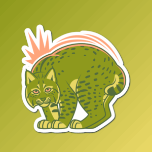 An abstract flat color illustration of a bobcat, with a color scheme of yellow-green and light orange