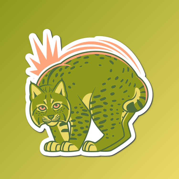 An abstract flat color illustration of a bobcat, with a color scheme of yellow-green and light orange