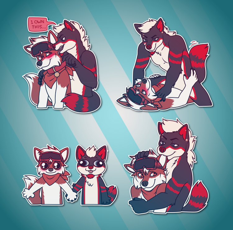 Telegram stickers of an anthro wolf Alfie wearing goggles and a bandana, joined by a fellow wolf Zazel. In them, Zazel pulls at a collar around Alfie's neck and says 'I own this' as Alfie blushes; Zazel pins down Alfie on the floor, which they both seem to be enjoying; the two hold hands while looking cheerful and goofy; and Zazel grabs Alfie from behind and sensually bites his ear.