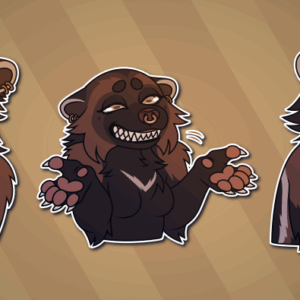 Telegram stickers of an anthro wolverine. In them, she ponders something; shrugs while grinning nervously, showing her sharp teeth; and looks mildly disturbed while she eats a sandwich, referencing a meme of Krystal from Star Fox doing likewise.