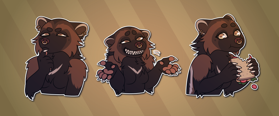 Telegram stickers of an anthro wolverine. In them, she ponders something; shrugs while grinning nervously, showing her sharp teeth; and looks mildly disturbed while she eats a sandwich, referencing a meme of Krystal from Star Fox doing likewise.