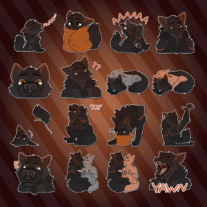 Telegram stickers of an anthro wolf. In them, he appears toony while howling into the sky; appears toony while cocooned in a blanket; throws his head back while shouting into the void; rests his head on his paws, looking attentive and interested; looks curiously down his muzzle directly at the viewer; tilts his head in confusion; snuggles in feral form with another feral character (both generic and fox versions); peeks out from beneath the background; sits with his tail curled around him and a miserable expression with the text 'sad wolf noises'; sticks his entire muzzle into a large mug of coffee; stands at a mixing board, jamming with headphones on; sniffs loudly with his muzzle very close to the viewer; enjoys a cup of coffee with another character (both generic and fox versions); and yawns loudly.