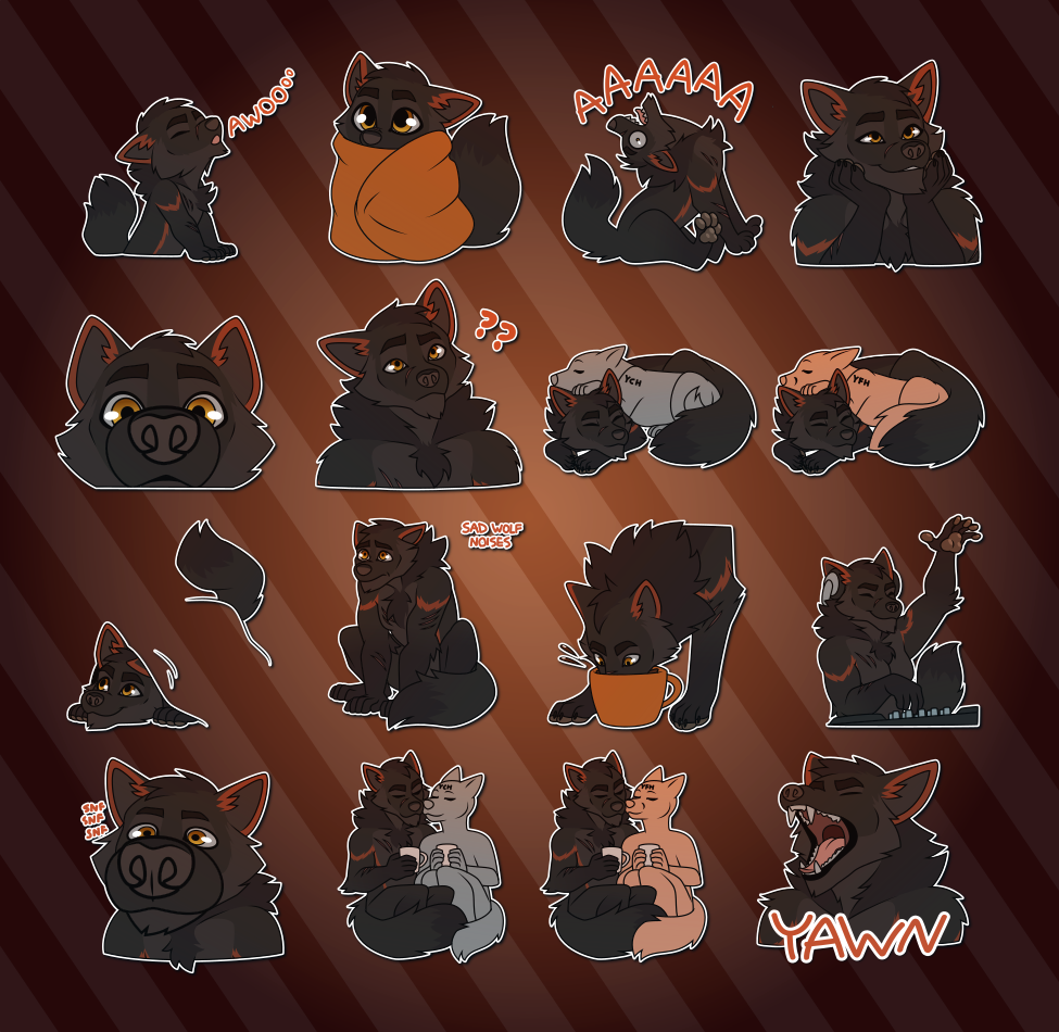 Telegram stickers of an anthro wolf. In them, he appears toony while howling into the sky; appears toony while cocooned in a blanket; throws his head back while shouting into the void; rests his head on his paws, looking attentive and interested; looks curiously down his muzzle directly at the viewer; tilts his head in confusion; snuggles in feral form with another feral character (both generic and fox versions); peeks out from beneath the background; sits with his tail curled around him and a miserable expression with the text 'sad wolf noises'; sticks his entire muzzle into a large mug of coffee; stands at a mixing board, jamming with headphones on; sniffs loudly with his muzzle very close to the viewer; enjoys a cup of coffee with another character (both generic and fox versions); and yawns loudly.