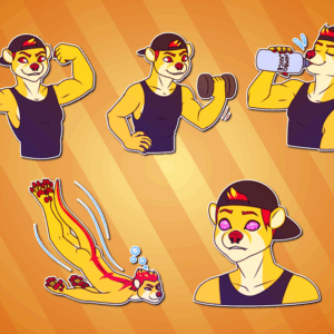 Telegram stickers of an athletic anthro otter wearing a black tank top and backwards cap. In them, he flexes his biceps; lifts weights; drinks water from a bottle labeled 'himbo juice'; dives through the water; and stares with a blank expression and hypnotized eyes.