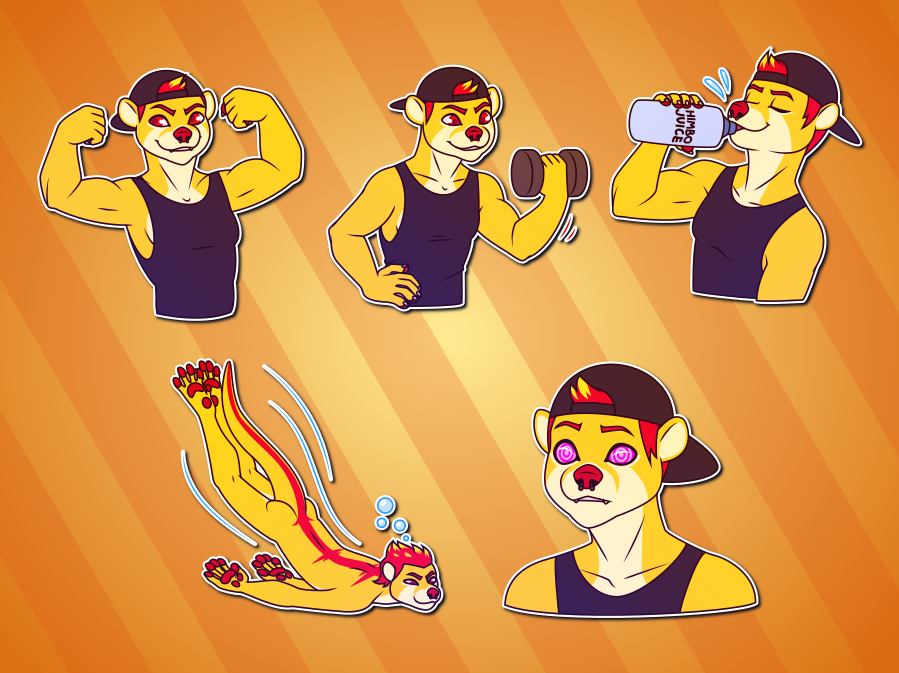 Telegram stickers of an athletic anthro otter wearing a black tank top and backwards cap. In them, he flexes his biceps; lifts weights; drinks water from a bottle labeled 'himbo juice'; dives through the water; and stares with a blank expression and hypnotized eyes.