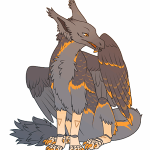 A flat-colored illustration of a feathery dragon with light yellow mechanical-looking limbs. They sit down with their head turned to preen one of their wing feathers with their mouth.