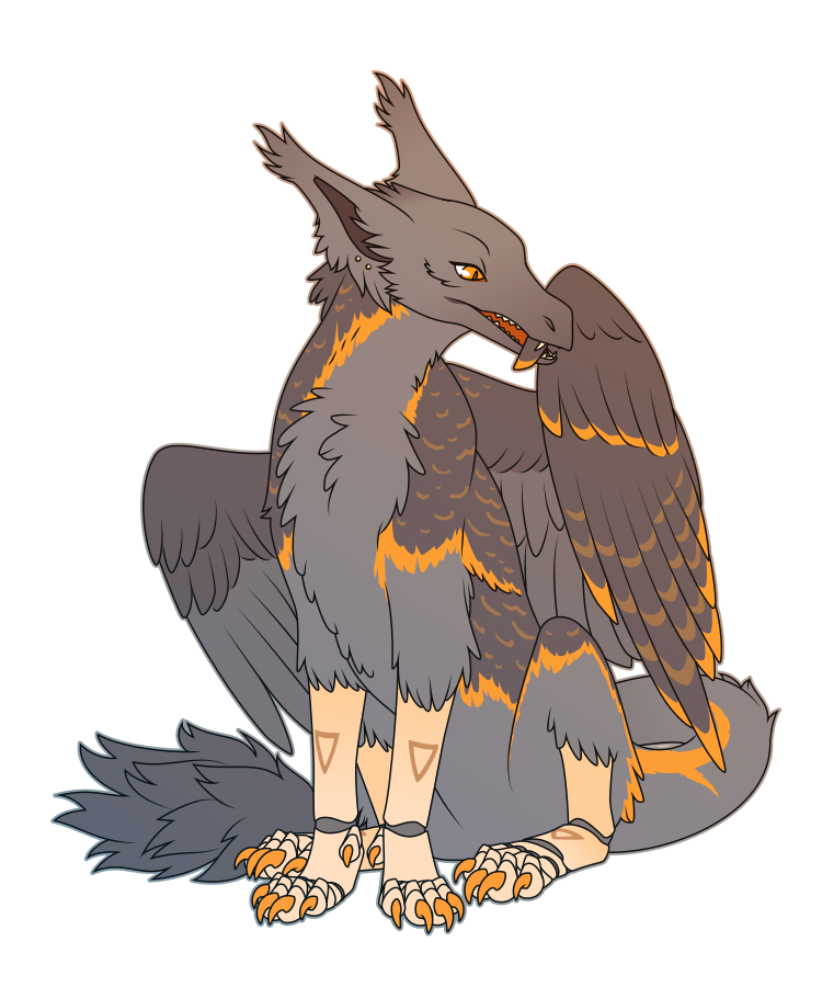 A flat-colored illustration of a feathery dragon with light yellow mechanical-looking limbs. They sit down with their head turned to preen one of their wing feathers with their mouth.