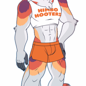 A flat-colored illustration of a muscular anthro wolf-fox hybrid. He wears short orange shorts and a crop top with the text "himbo hooters" on it.