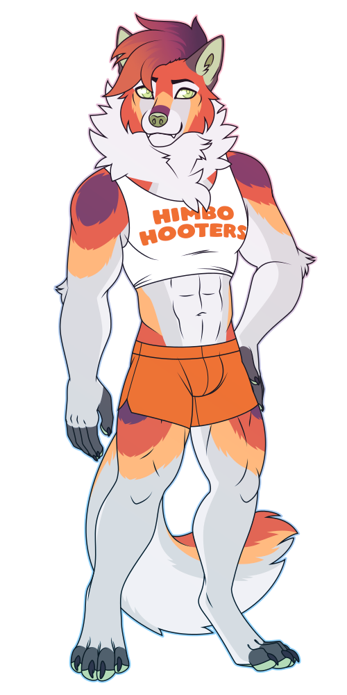 A flat-colored illustration of a muscular anthro wolf-fox hybrid. He wears short orange shorts and a crop top with the text "himbo hooters" on it.
