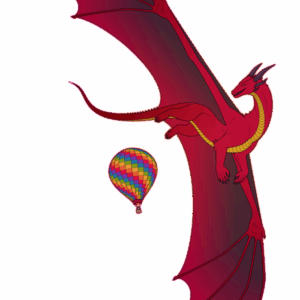 A flat-colored illustration of a massive red dragon looking annoyed as he flies by a hot air balloon, which appears small compared to him.