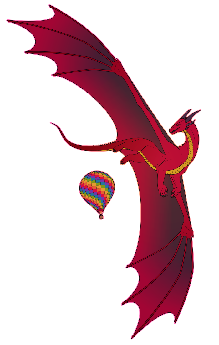 A flat-colored illustration of a massive red dragon looking annoyed as he flies by a hot air balloon, which appears small compared to him.