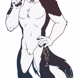 A flat-colored illustration of an anthro wolf with black and white husky-like markings. He wears a collar and has a smattering of rainbow markings that resemble circuits. He appears to be thinking.
