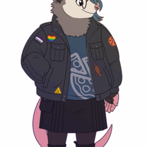 A flat-colored illustration of an anthro opossum. They have messy blue-streaked hair, round glasses, and punk-style clothing.