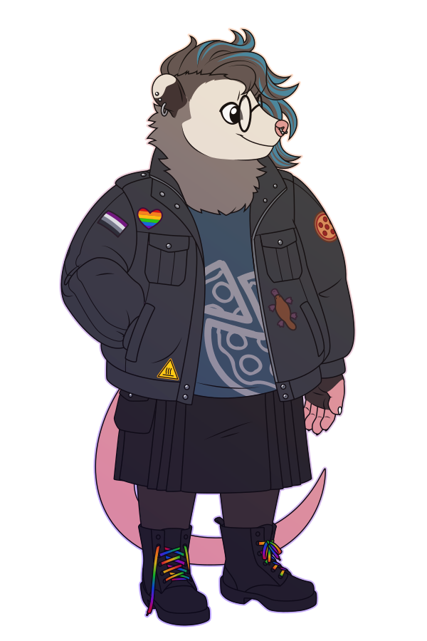 A flat-colored illustration of an anthro opossum. They have messy blue-streaked hair, round glasses, and punk-style clothing.