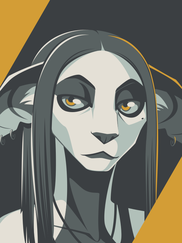 A vector portrait of an anthro character with long straight hair and large pierced ears, drawn in flat colors: white, black, shades of gray, and yellow