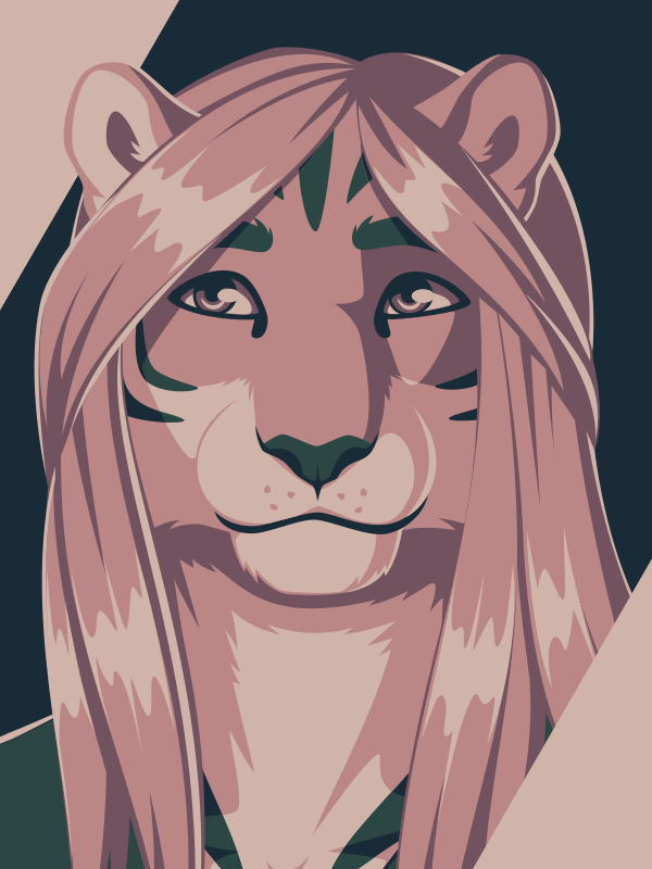 A vector portrait of an anthro tiger with long hair, drawn in flat colors: beige, two shades of mauve, dark green, and darker blue