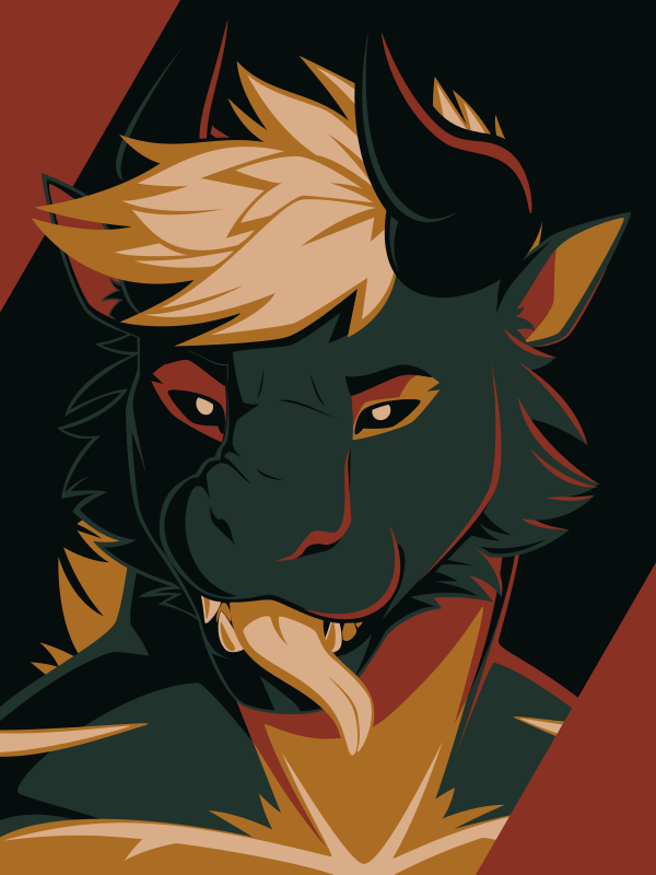 A vector portrait of a large anthro furry dragon, drawn in flat colors: black, dark green, red, gold, and light yellow
