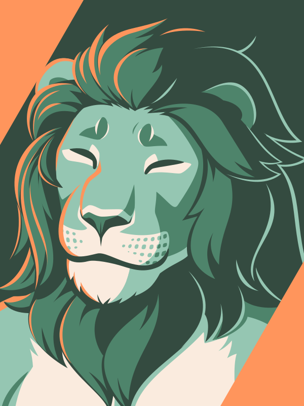 A vector portrait of an anthro lion, drawn in flat colors: three shades of green, white, and bright orange