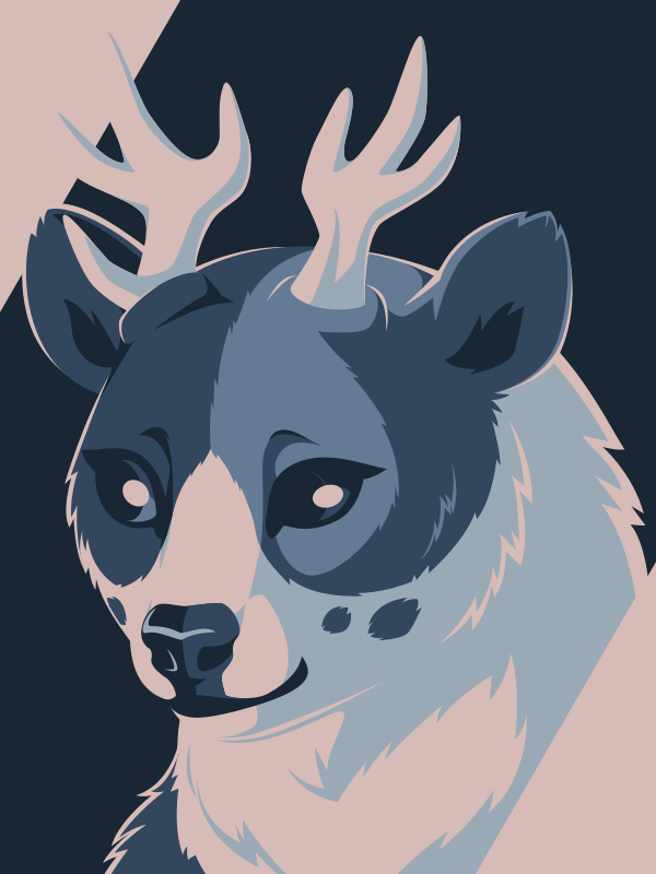 A vector portrait of an anthro bear-deer hybrid, drawn in flat colors: four shades of blue from very dark to very light, and a pale beige.