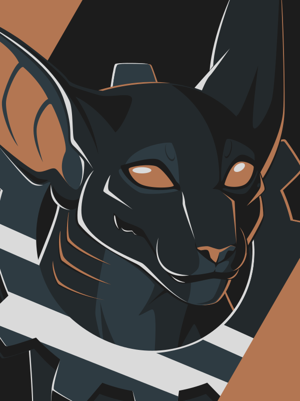 A vector portrait of a catlike beast with gills and a large floating metal gear around its neck, drawn in flat colors: three shades of dark blue-gray, very light gray, and orange