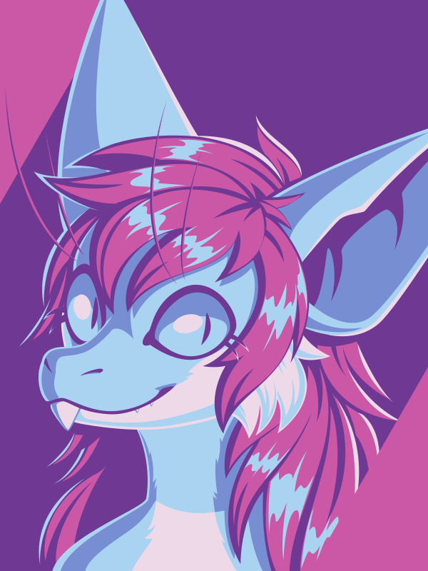 A vector portrait of a yinglet, drawn in flat colors: white, light blue, medium blue, purple, and pink