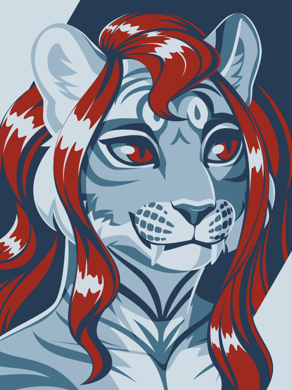 A vector portrait of a vampiric saber-toothed tiger, drawn in flat colors: deep red and four shades of gray-blue