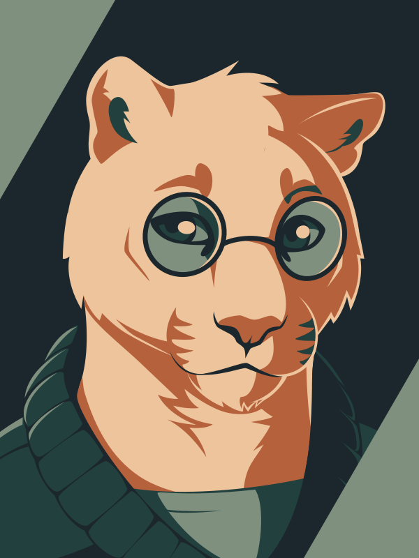 A vector portrait of an anthro puma wearing glasses, drawn in flat colors: light yellow, brown-orange, and three shades of green
