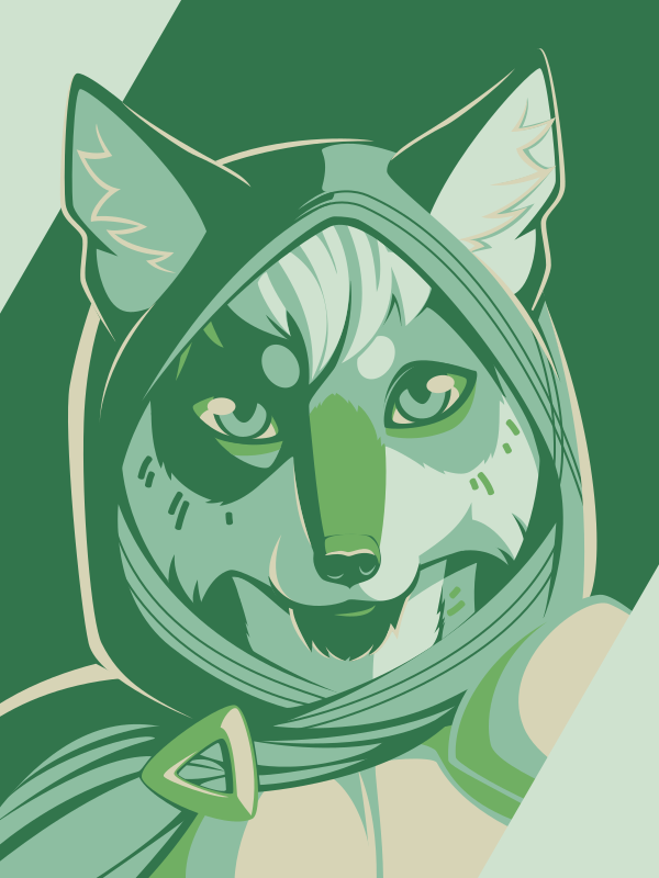 A vector portrait of an anthro coyote wearing a hood and armor, drawn in flat colors: light yellow, light blue-green, medium blue-green, medium green, and dark green