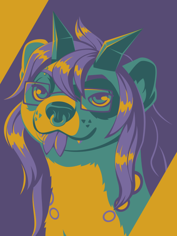 A vector portrait of an anthro ferret with glasses and crystalline horns, drawn in flat colors: bright yellow, medium and dark green, and medium and dark purple