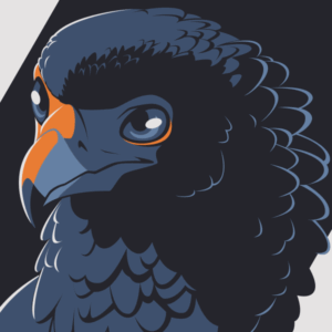 A vector portrait of an anthro bateleur eagle, drawn in flat colors: light gray, three shades of gray-blue, and bright orange