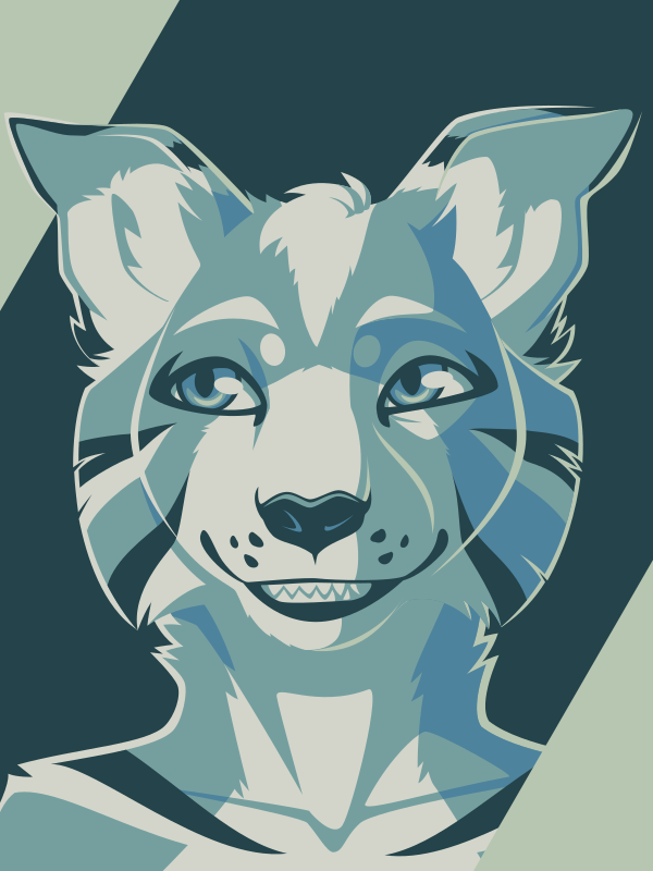 A vector portrait of an anthro tiger and shiba inu hybrid, drawn in flat colors: dark green, medium blue, medium teal, light green, and nearly white