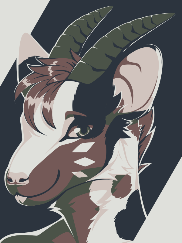 A vector portrait of an anthro goat and rat hybrid, drawn in flat colors: black, dark green, warm brown, beige, and white