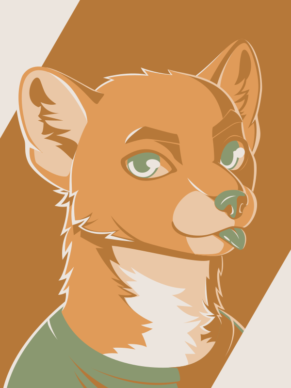A vector portrait of an anthro pine marten, drawn in flat colors: orange-brown, orange, light orange, off white, and medium green