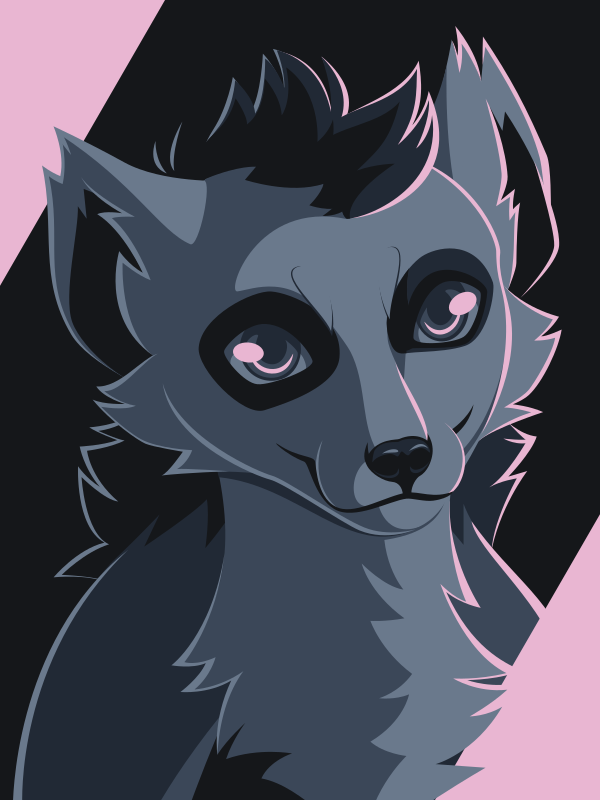 A vector portrait of an anthro lemur, drawn in flat colors: black, three shades of dark to medium gray, and light pink