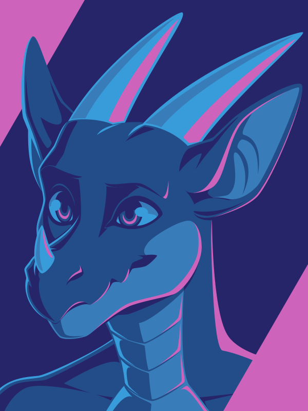 A vector portrait of an anthro dragon, drawn in flat colors: dark purple, three shades of blue, and pink